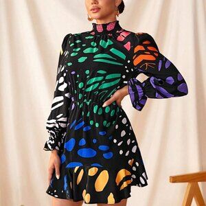 Multicolor Boho Womens Floral Print Ruffled Hem Short Dress With Long Sleeves